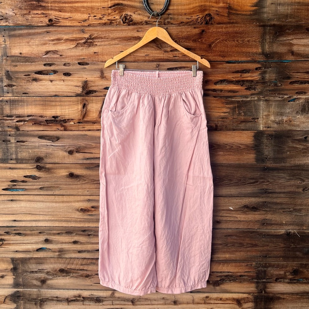 NOMAD THE LABEL | Sadhu French Linen Dusty Pink Elastic Waist Wide Leg Pants L